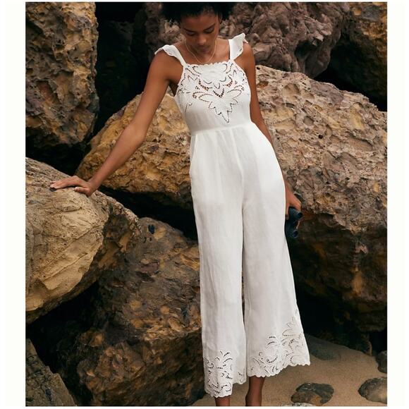 Anthropologie Pants - BY ANTHROPOLOGIE Jumpsuit SZ Extra Small NWT Linen Blend Ivory Eyelet Floral